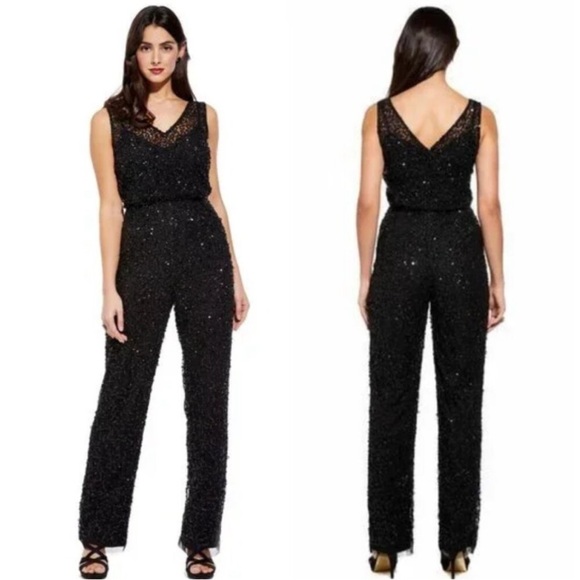 Adrianna Papell Black Sequin Beaded Illusion Jumpsuit 4